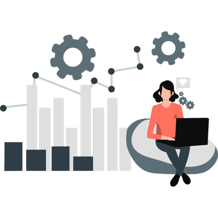 Gráfico de negocios de configuración de mujer trabajando  Ilustración