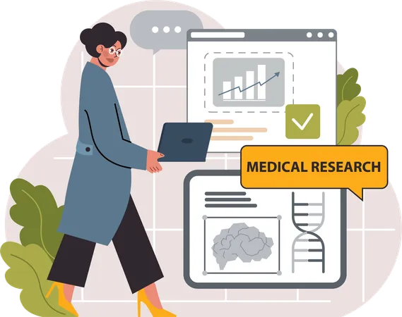 Mujer trabajando en investigación médica  Ilustración