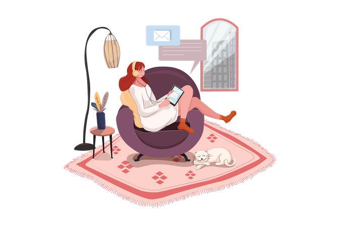 Mujer trabajando remotamente en casa  Ilustración