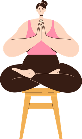 Mujer tranquila en un taburete meditando sentada con las piernas cruzadas y las manos cruzadas en posición Namaste  Ilustración