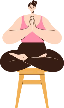 Mujer tranquila en un taburete meditando sentada con las piernas cruzadas y las manos cruzadas en posición Namaste  Ilustración