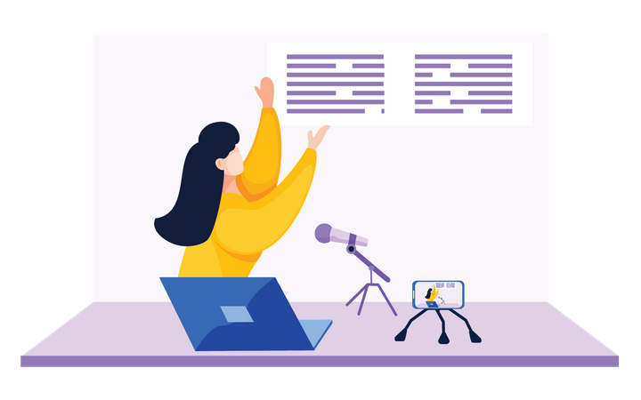 Mujer transcribiendo texto en podcast  Ilustración
