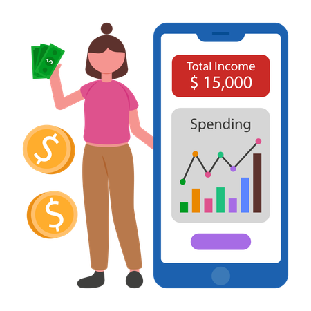 Mujer transfiere dinero desde la aplicación bancaria  Illustration