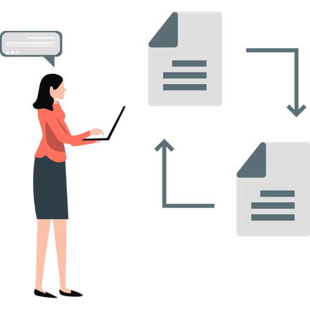 Mujer realizando transferencia de datos en una computadora portátil  Ilustración