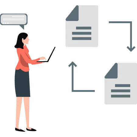 Mujer realizando transferencia de datos en una computadora portátil  Ilustración