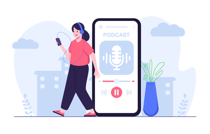 Mujer transmitiendo audio de podcast usando una aplicación móvil mientras camina  Ilustración