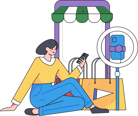 Mujer transmitiendo podcast a través de una computadora portátil  Ilustración