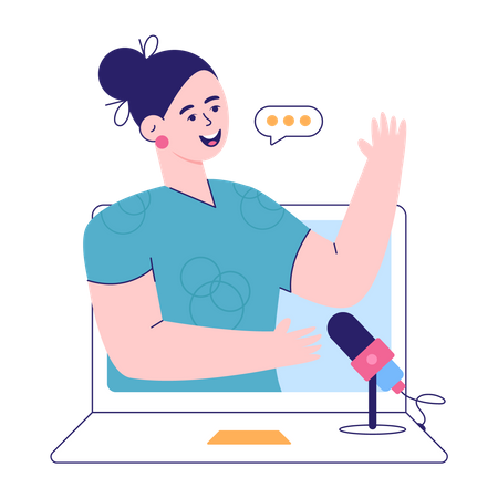 Mujer transmitiendo podcast en vivo  Ilustración