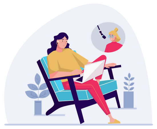 Mujer transmitiendo podcast en vivo  Ilustración