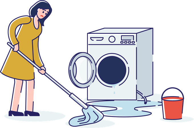 Mujer trapeando agua en el suelo por rotura de lavadora  Ilustración