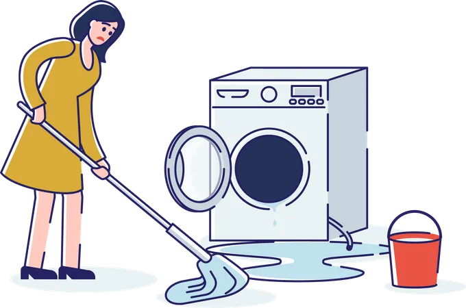 Mujer trapeando agua en el suelo por rotura de lavadora  Ilustración