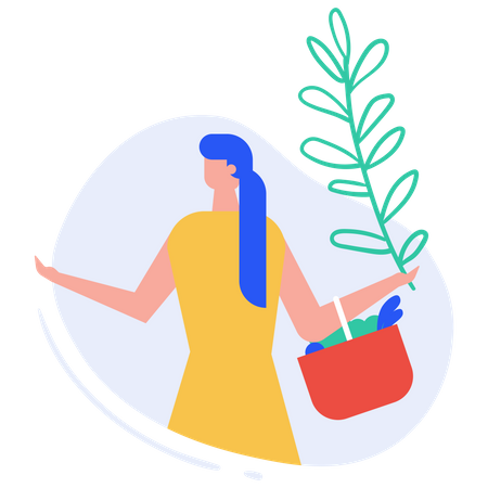 Mujer trayendo plantas y verduras de la casa  Ilustración