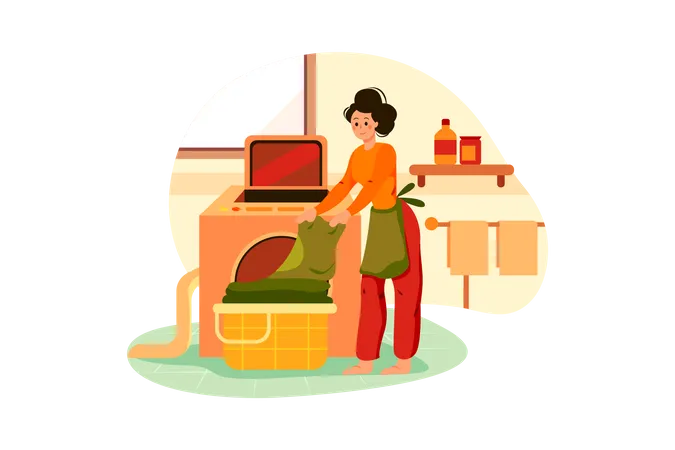 Mujer trayendo ropa en la lavadora  Ilustración