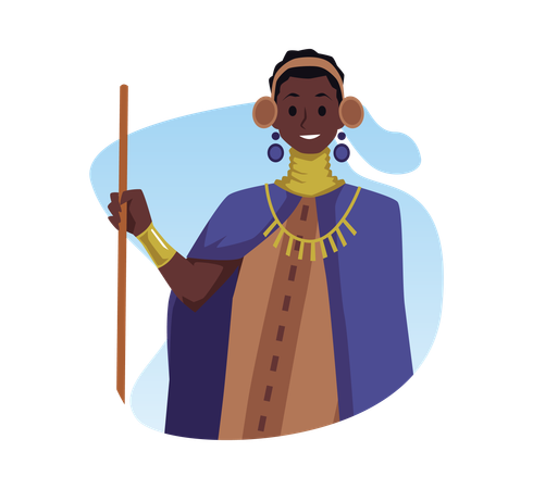 Mujer tribal africana con cuentas largas alrededor de su cuello, vestido largo y capa con bastón de joyería tradicional  Ilustración