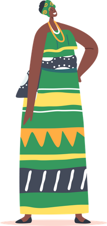 Mujer tribal con vestido largo verde y turbante  Ilustración