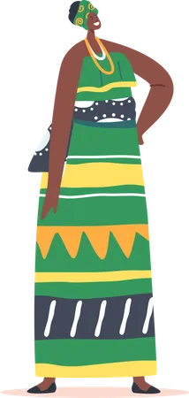 Mujer tribal con vestido largo verde y turbante  Ilustración