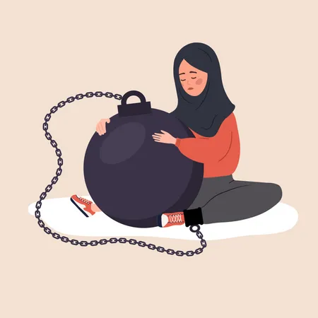 Mujer triste abrazando la bola de demolición y sintiéndose culpable  Ilustración