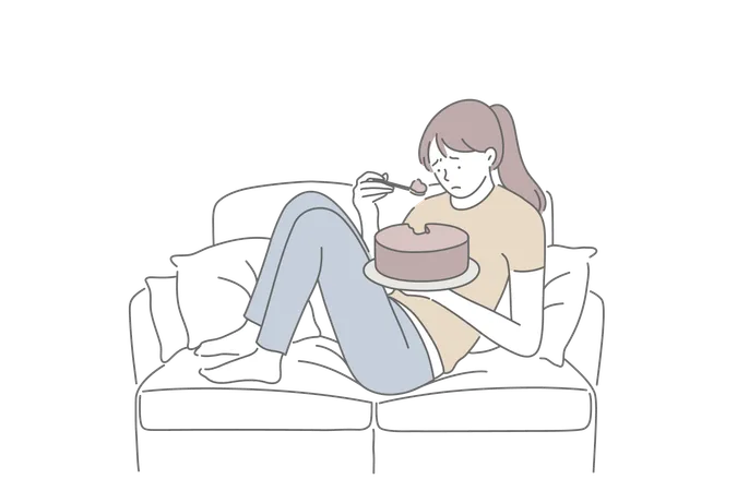 Mujer triste comiendo pastel  Ilustración