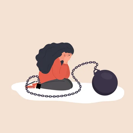 Mujer triste con pesada bola de demolición sintiéndose infeliz  Ilustración