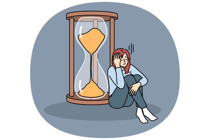 Mujer triste por plazos estrictos sentada cerca de un reloj de arena  Ilustración