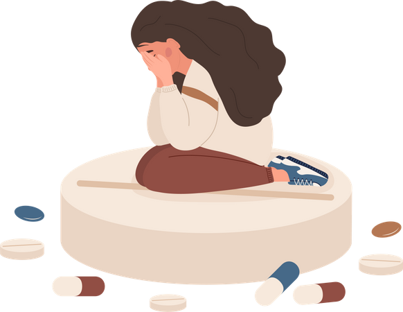 Mujer triste sentada sobre una pastilla grande  Ilustración