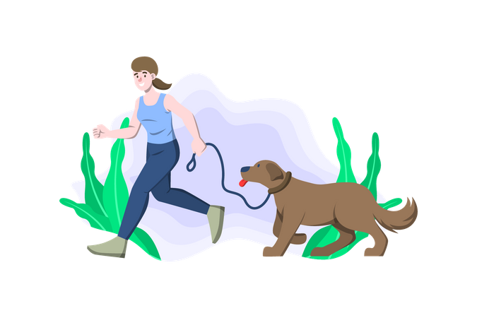 Mujer corriendo con perro  Ilustración