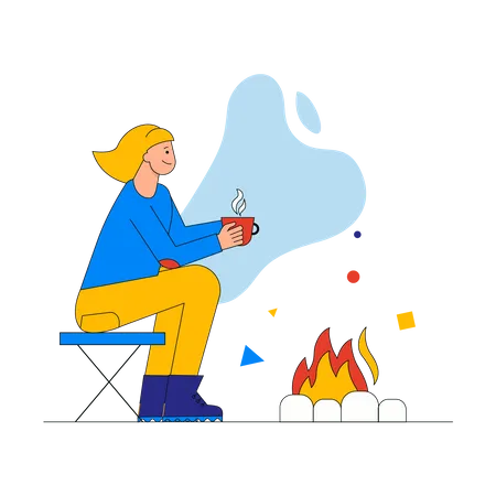 Mujer turista tomando café y sentada cerca de una fogata  Ilustración