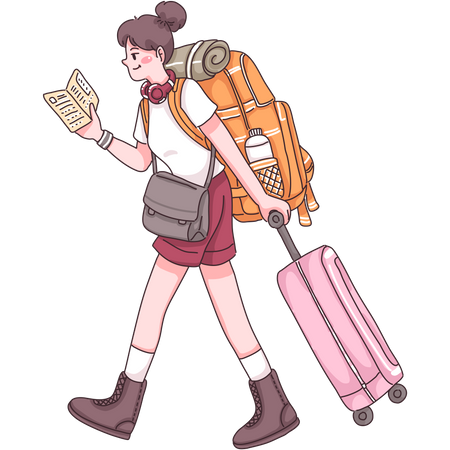 Turista femenina caminando con maleta  Ilustración