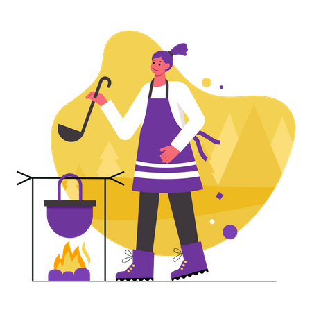 Mujer turista cocinando comida en un jugador de bolos en una fogata  Ilustración