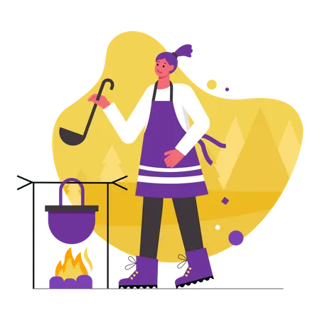 Mujer turista cocinando comida en un jugador de bolos en una fogata  Ilustración