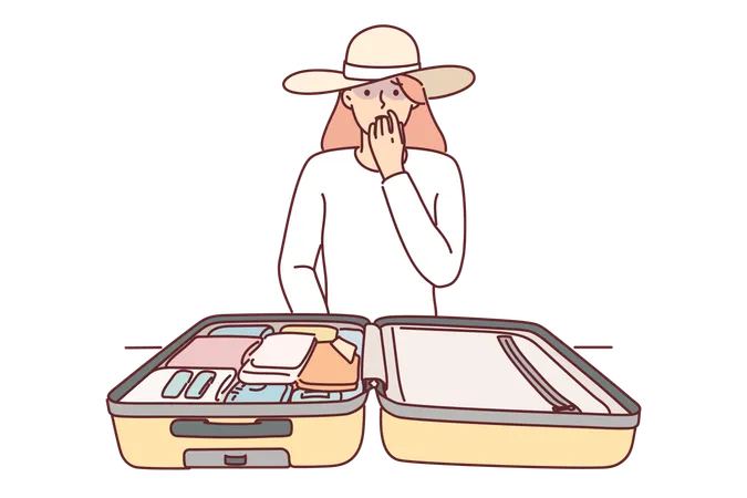 Mujer turista con maleta de viaje y preocupada por perder dinero  Ilustración