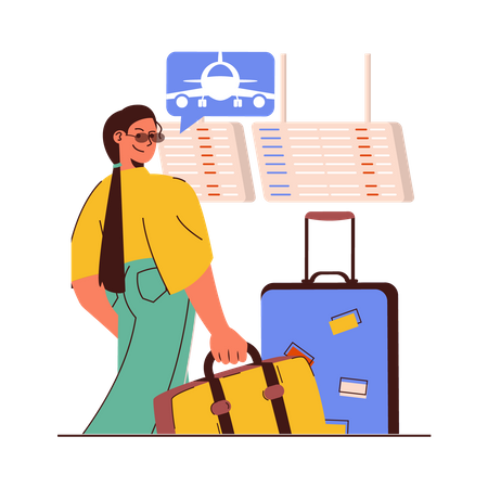 Mujer turista en el aeropuerto con equipaje  Ilustración
