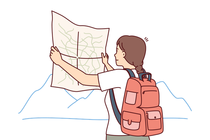 Mujer turista mira el mapa eligiendo ruta para el viaje  Ilustración