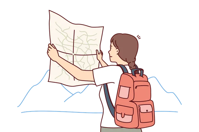 Mujer turista mira el mapa eligiendo ruta para el viaje  Ilustración