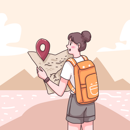 Turista femenina mirando la ubicación del punto de control en el mapa  Ilustración