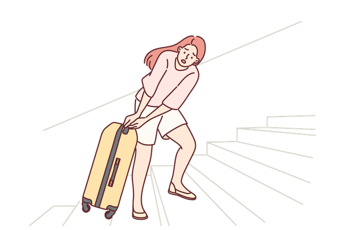 Una turista sube una maleta de viaje por escaleras incómodas en la estación de tren o en el aeropuerto  Ilustración