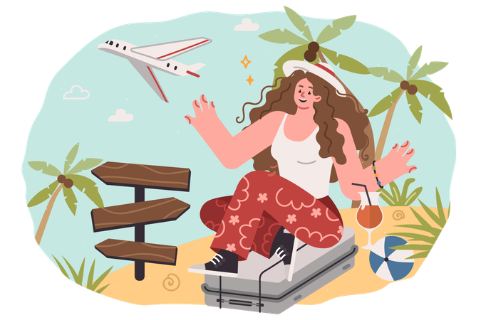 Mujer turista viaja a islas exóticas con palmeras  Ilustración