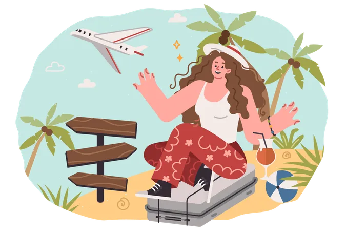 Mujer turista viaja a islas exóticas con palmeras  Ilustración