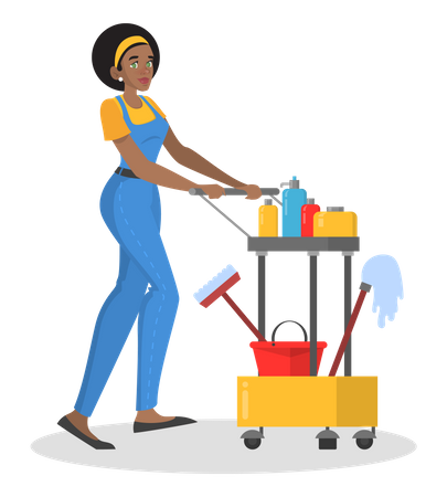 Mujer en uniforme empujando carrito de limpieza  Ilustración