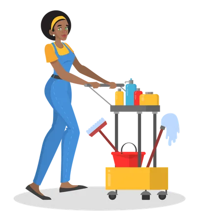 Mujer en uniforme empujando carrito de limpieza  Ilustración