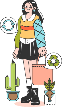 Mujer utiliza bolsa de yute reciclable  Ilustración