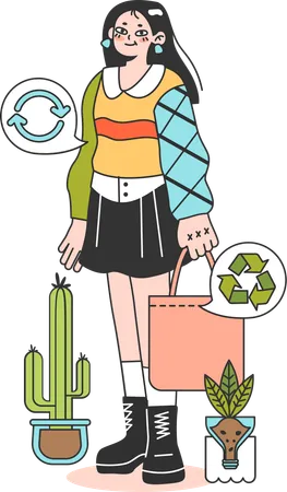 Mujer utiliza bolsa de yute reciclable  Ilustración