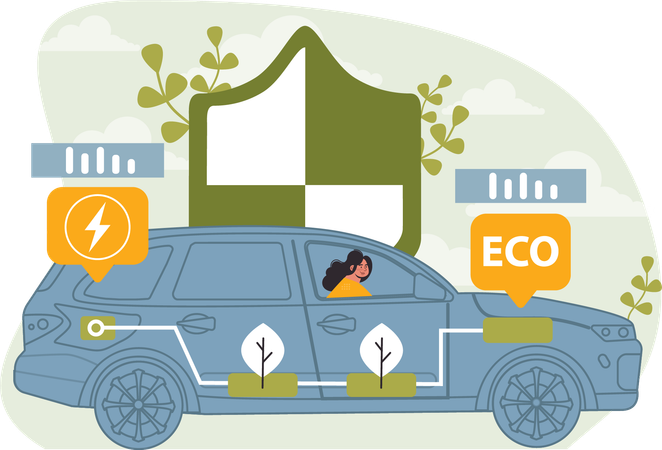 Mujer usa coche ecológico para ahorrar energía  Ilustración