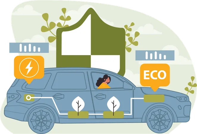 Mujer usa coche ecológico para ahorrar energía  Ilustración