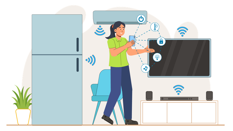 Una mujer utiliza un control remoto de aire acondicionado inteligente para mantener la temperatura  Ilustración