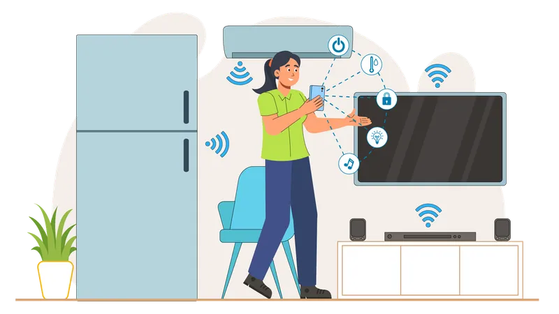 Una mujer utiliza un control remoto de aire acondicionado inteligente para mantener la temperatura  Ilustración