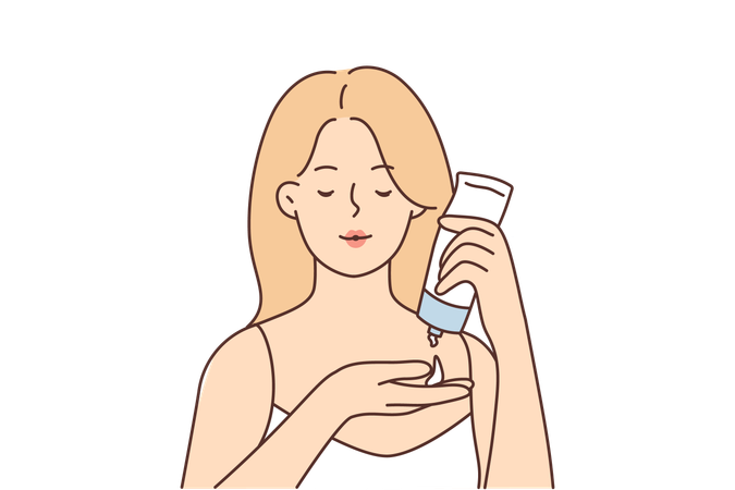 La mujer usa crema hidratante facial  Ilustración