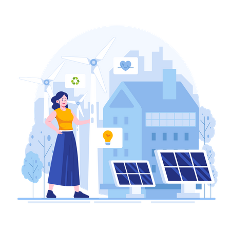 Una mujer utiliza energía solar renovable para salvar la Tierra  Ilustración