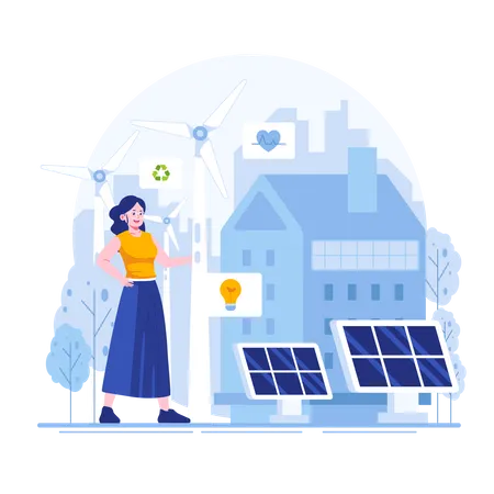 Una mujer utiliza energía solar renovable para salvar la Tierra  Ilustración