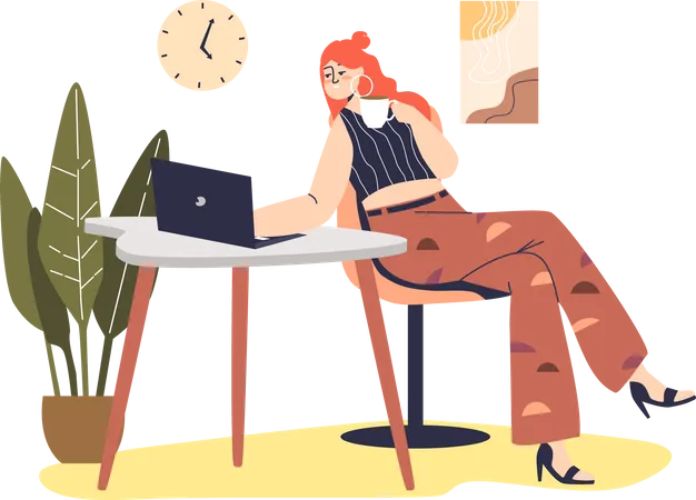 Una mujer usa una computadora portátil para comunicarse en una videoconferencia en línea  Ilustración